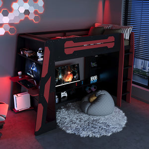 English Elm Twin Gaming Loft Bed with Desk Rgb Lighting and Multi-tier Shelves for Teen Rooms Red LT000160AAR