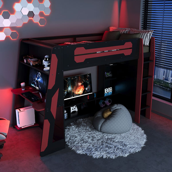 English Elm Twin Gaming Loft Bed with Desk Rgb Lighting and Multi-tier Shelves for Teen Rooms Red LT000160AAR
