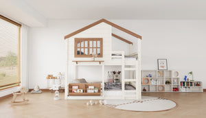 English Elm Full Bunk Bed with Trundle Bookshelf Storage Pine Frame Car Design for Kids Beige W1580S00523