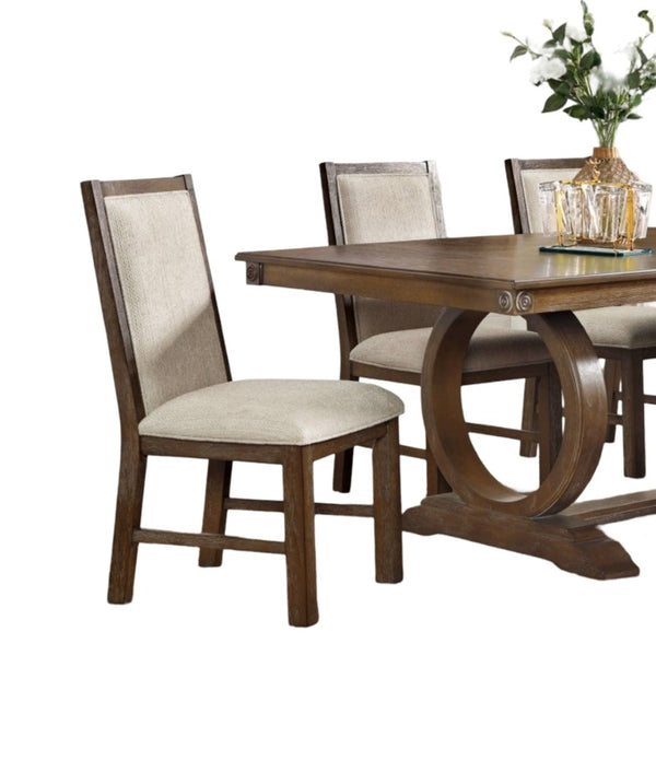 English Elm Transitional Rustic Oak Dining Side Chairs Set of 2 with Padded Beige Linen Seats, Solid Wood Comfort and Style Beige Multi 41 L x 15 W x 20 H B011P197294