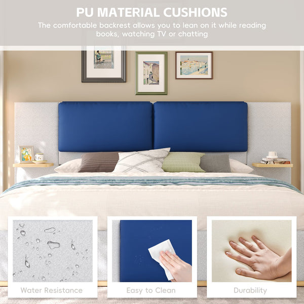 English Elm Christopher Knight Home® - Queen Plush Leather Upholstered Bed Frame with Wingback Headboard, Wavy Footboard, Quiet Support Blue+Grey 50.63 L x 18.88 W x 8.25 H N761S0000023E