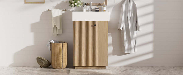 English Elm [video]21.6" Freestanding Bathroom Vanity Ceramic Sink Wavy Door Mdf Cabinet Small Bath Wood N729P285504N