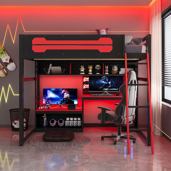 English Elm Full Size Gaming Loft Bed with Built-in Desk Led Lighting Usb Ports and Pegboard Black+Red LT000270AAR