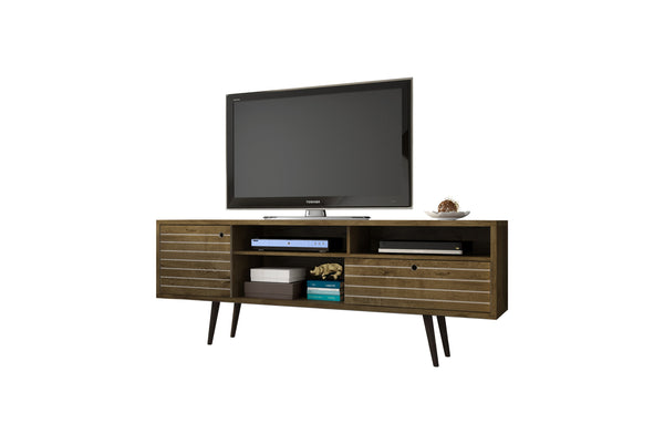 English Elm Liberty 71" TV Stand with Mid-Century Splayed Legs, Wire Management, Drawer & Cubby Storage Rustic Brown B365P398373