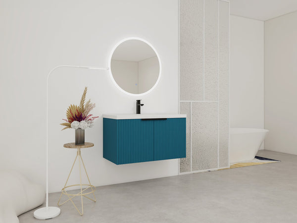 English Elm 36" Floating Bathroom Vanity with Resin Sink, Wavy Doors, Soft-Close Hinges & Durable Plywood Finish Lake Blue W999P251809