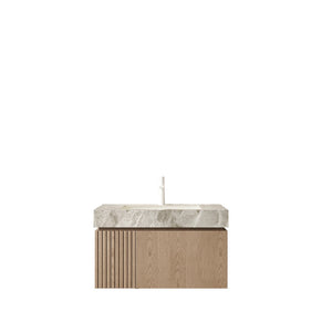 English Elm Muri Floating Bathroom Vanity Plywood Cabinet Sintered Stone Top Woodgrain Finish W2615S00592
