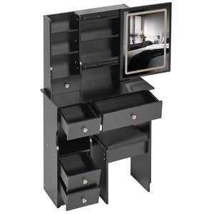 English Elm 29.2" Compact Vanity Table Set With Led Mirror, Touch Control, Cushioned Stool & Ample Storage Solutions W3258P299612