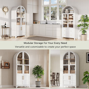 English Elm K&k Arched Farmhouse Pantry Cabinet Glass Doors Hidden Drawer Two Tone Kitchen Storage White N707S288969W