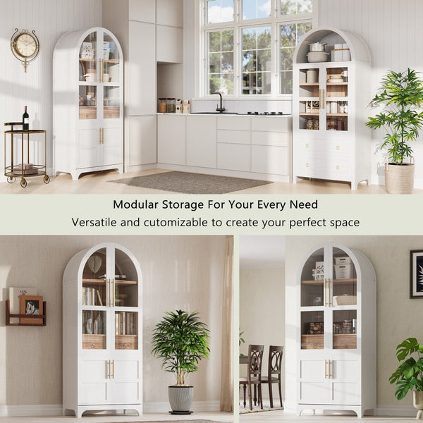 English Elm K&k Arched Farmhouse Pantry Cabinet Glass Doors Hidden Drawer Two Tone Kitchen Storage White N707S288969W