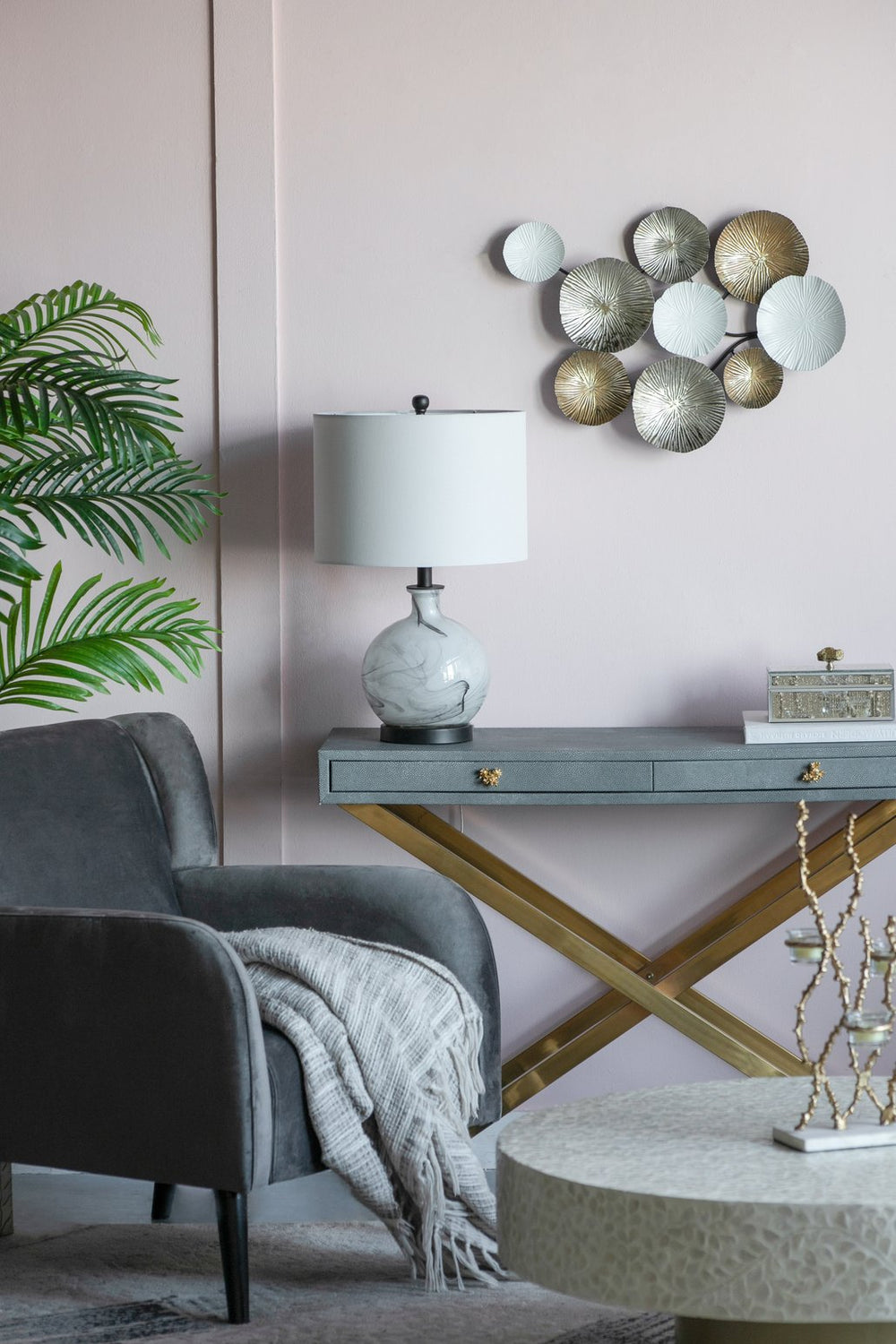 English Elm 14x14x23" Sarris Round Glass Table Lamp White & Grey Swirled Design with White Linen Drum Shade W2078P324068