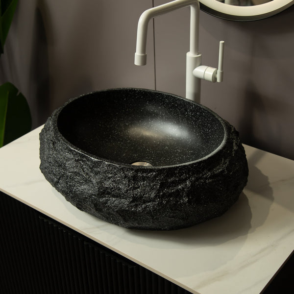 English Elm Luna 18" Bathroom Sink Irregular Oval Resin Vessel with Stone Pattern Artistic Durable Finish Dark Gray W2615P346505