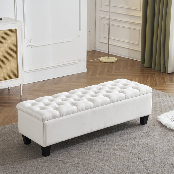 English Elm Christopher Knight Home® - Button Tufted Diamond-Stitched Storage Ottoman Bench with Soft-Close Hinge, Removable Legs, 52" Largo White N769P227940G