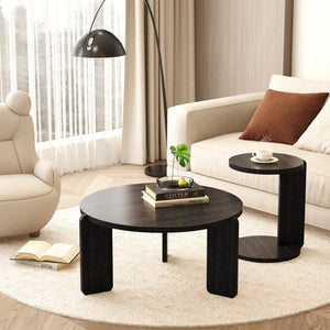 English Elm 32.68 Inch Black Oak Veneer Nesting Round Coffee Table Set for Modern Living Rooms W2899P435699
