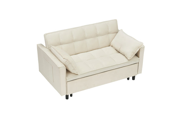 English Elm Modern Velvet Sofa Pull-Out Bed 3-in-1 Convertible Love Seat with Pillows, Spacious 500lb Support Beige W3371P314973