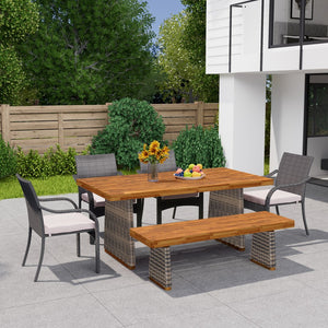 English Elm Christopher Knight Home® - Outdoor Acacia Wood Dining Set With Stackable Pe Rattan Chairs & Bench - Stylish Patio Essential N773OD00048G