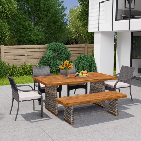 English Elm Christopher Knight Home® - Outdoor Acacia Wood Dining Set With Stackable Pe Rattan Chairs & Bench - Stylish Patio Essential N773OD00048G