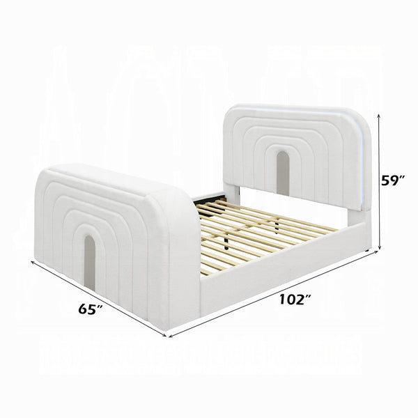 English Elm Shelyn Plush Teddy Sherpa EK Bed with LED Headboard, Built-In Fireplace, TV Lift and Bluetooth Speaker White 85.63 L x 12.6 W x 6.18 H B2726S00477