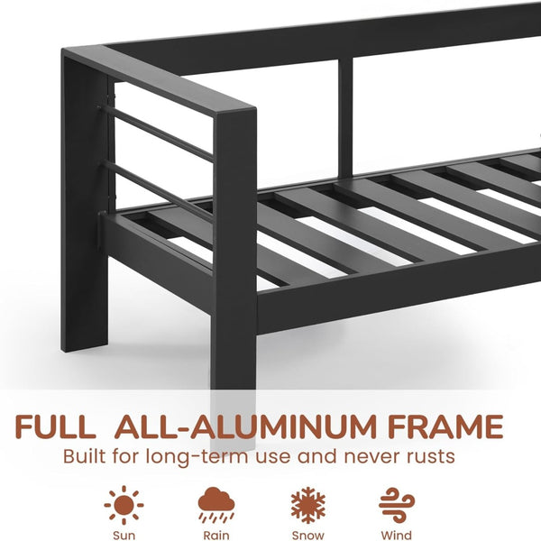 English Elm 73" Cast Aluminum Outdoor Sofa Rust-proof Powder-coated Frame with Resort-style Cushions Black+Blue B082P454972