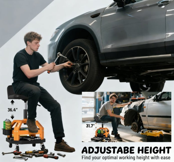 English Elm Adjustable Rolling Garage Stool with Lumbar Support Dual Storage Trays and Swivel Casters T3971P412514