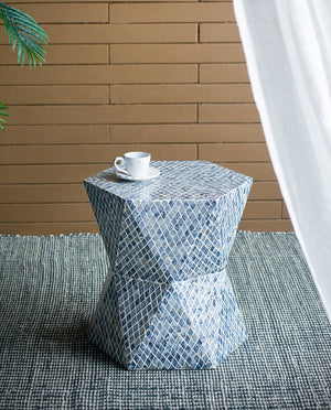 English Elm 19x19x20" Tapered Blue Capiz Stool Accent Table — Hexagon Inlay Pedestal, Geometric Charm for Entryways W2078P409466