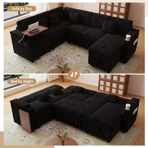 English Elm 100-inch Corduroy U-shaped Sectional Sleeper Sofa with Usb Port and Hidden Storage Black W2564S00136