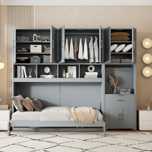 English Elm Twin Murphy Wall Bed with Integrated Closet Drawers and Desk for Studio Spaces Gray LP000595AAE-1