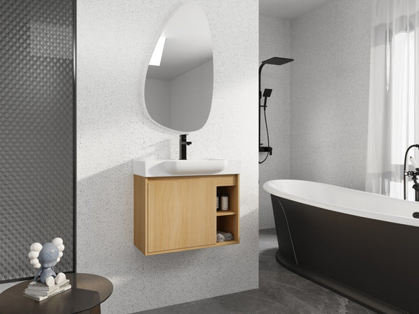 English Elm 28'' Floating Bathroom Vanity with Ceramic Sink Soft Close Door Melamine Cabinet Light Oak W999P426639