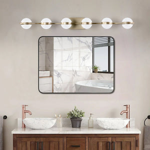 English Elm 43" Champagne Gold LED Bathroom Vanity Light with 6 Crystal Sand Acrylic Globes, Mid-Century Modern Glam W2312P374869