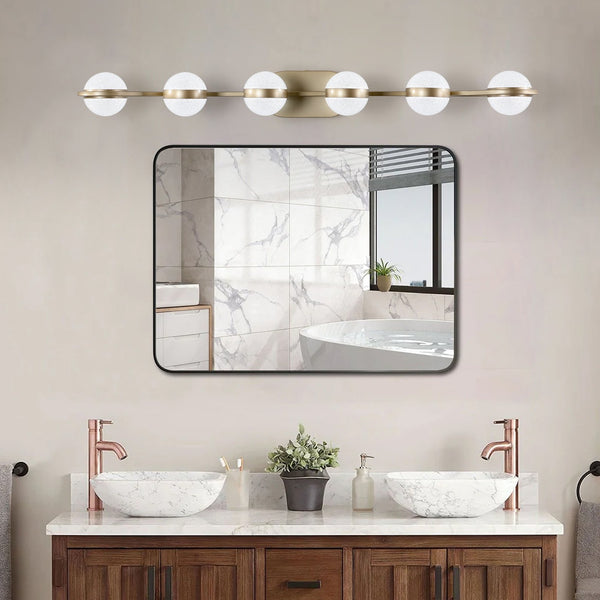 English Elm 43" Champagne Gold LED Bathroom Vanity Light with 6 Crystal Sand Acrylic Globes, Mid-Century Modern Glam W2312P374869