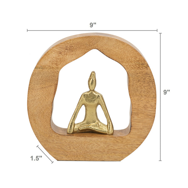 English Elm 9x1.5x9" Mango Wood & Aluminum Yoga Decor Sculpture — Tranquil Abstract Figurine for Home Desk Ambience W2078P370350