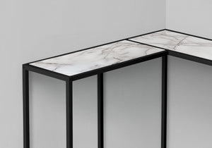English Elm Accent Table - Elegant L-Shaped Design, White Marble Top & Black Metal Frame For Modern Spaces B2710P218965