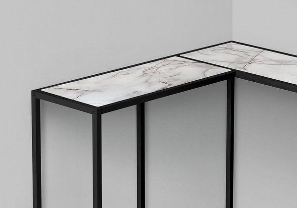 English Elm Accent Table - Elegant L-Shaped Design, White Marble Top & Black Metal Frame For Modern Spaces B2710P218965