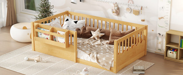 English Elm Twin Low Profile Kids Floor Bed Pine Wood Frame with Safety Rail and Built in Bookshelf Natural W1580P373137