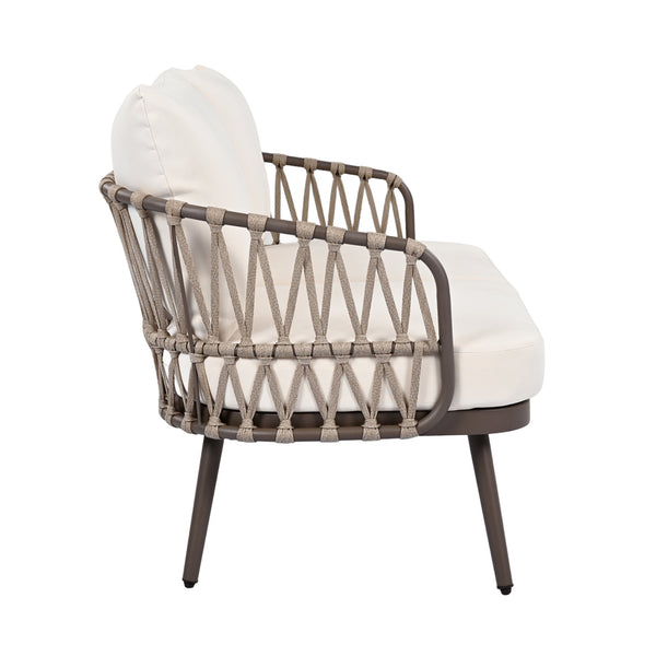 English Elm Christopher Knight Home® - 4-Piece Outdoor Patio Set with Woven Rope U-Back, Steel Frame, Thick Cushions & Acacia Table for Garden Brown+Beige N780P209458R