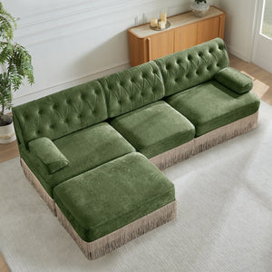 English Elm 3-seater Velvet Modular Sectional with Button Tufting Tassel Skirt and Wooden Base Green W714S01706