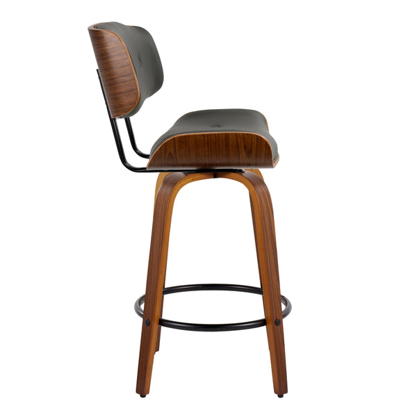 English Elm Lombardi Mid-Century Counter Stool Set of 2 — Walnut Bent Wood Frame, Tufted Faux Leather Swivel, 26" Grey B202S00342