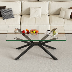English Elm 39.37" Rectangular Clear Tempered Glass Coffee Table With Black Metal Legs For Modern Living Spaces W241P227952