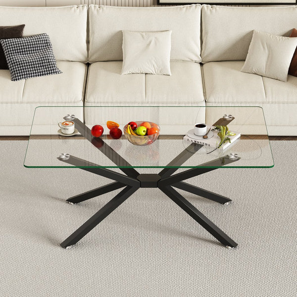 English Elm 39.37" Rectangular Clear Tempered Glass Coffee Table With Black Metal Legs For Modern Living Spaces W241P227952