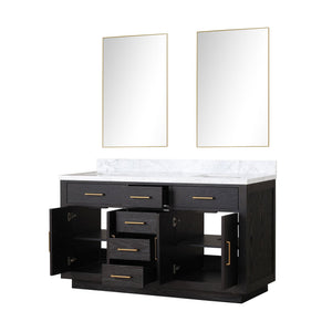 English Elm Black Oak Double Bath Vanity 60" W With Carrara Marble Top & Modern Frameless Mirrors For Elegance B2731S02137