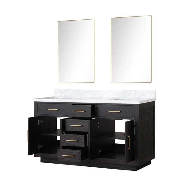 English Elm Black Oak Double Bath Vanity 60" W With Carrara Marble Top & Modern Frameless Mirrors For Elegance B2731S02137