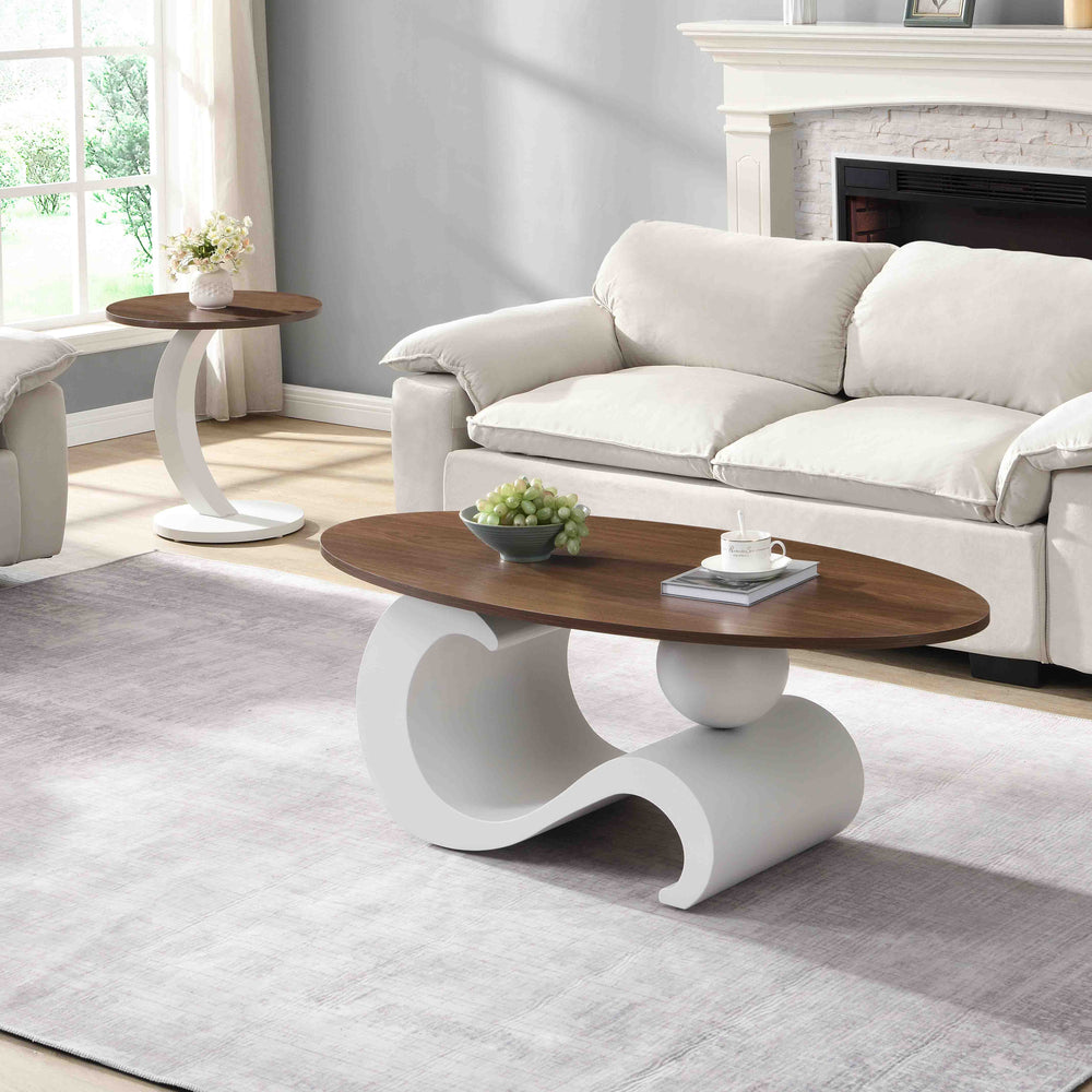 English Elm White Nesting Coffee Table Set Modern Oval & Round MDF Tops, S-Shape Metal Base, Adjustable Pads Durable Support W821S00027