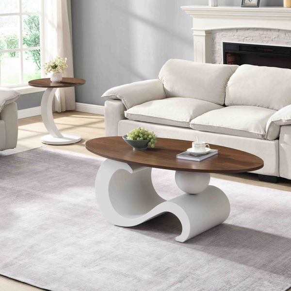 English Elm White Nesting Coffee Table Set Modern Oval & Round MDF Tops, S-Shape Metal Base, Adjustable Pads Durable Support W821S00027