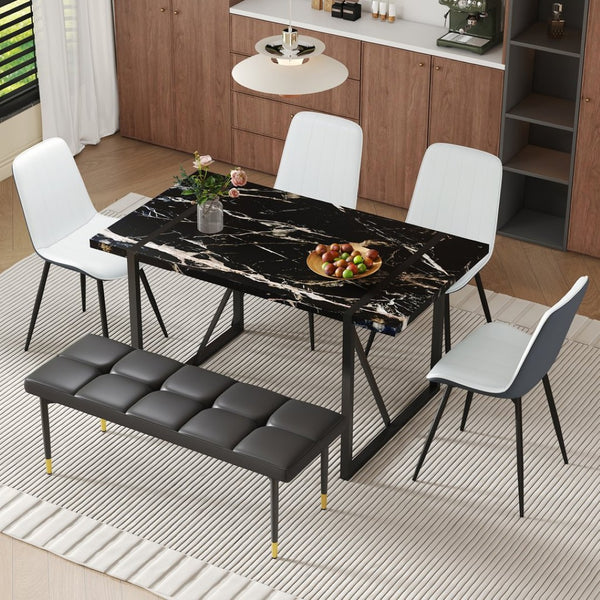 English Elm Table Modern Black Marble Pattern Dining Set - 6-Piece With Pu Chairs & Bench For Elegant Dining W1151S03579-GIGA