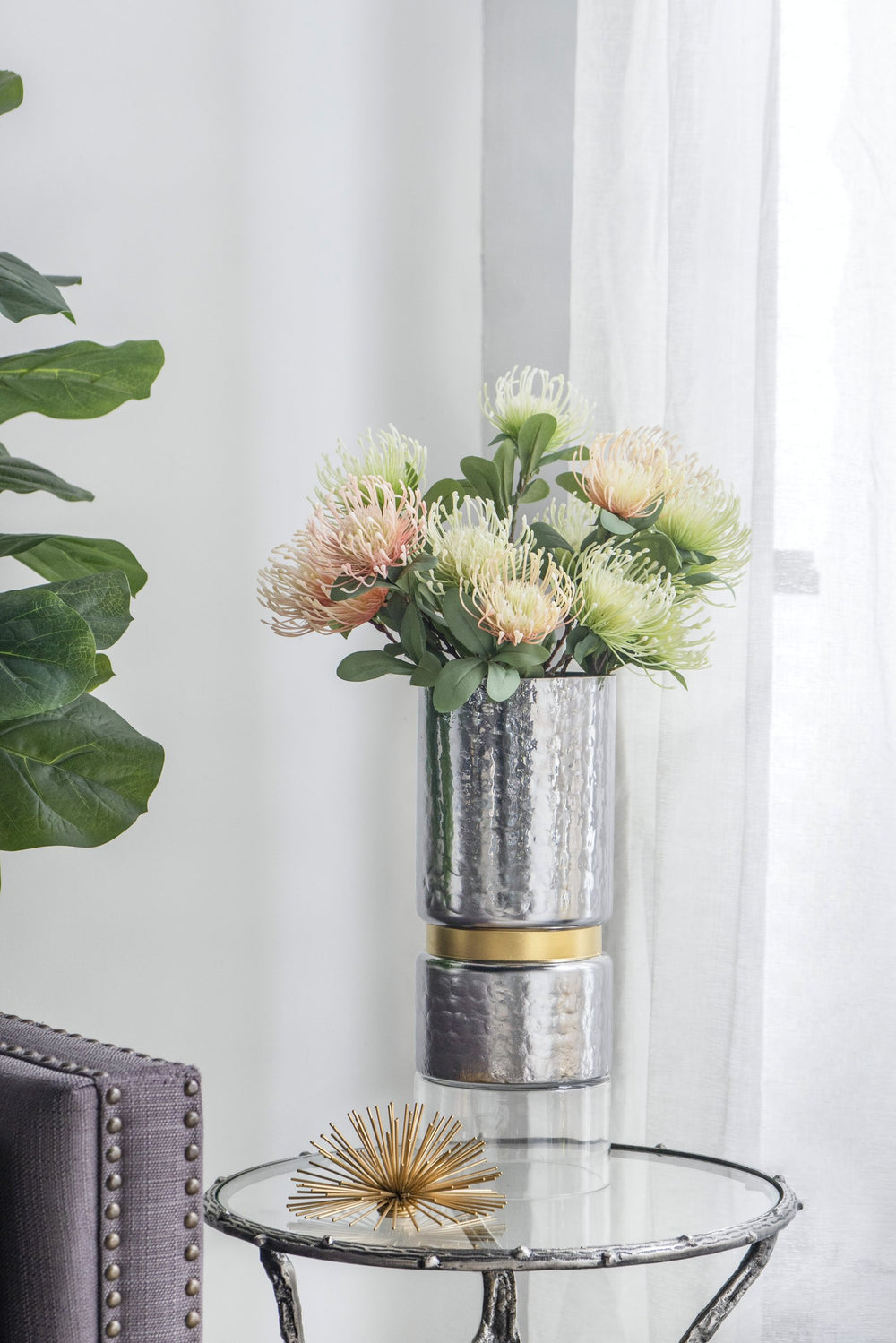 English Elm D5.9x15.2" Hammered Halloway Silver Candle Holder with Gold Stripe & Glass Top — Elegant Accent Piece W2078P390753