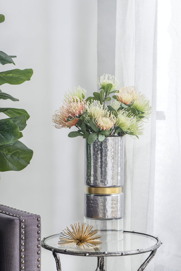 English Elm D5.9x15.2" Hammered Halloway Silver Candle Holder with Gold Stripe & Glass Top — Elegant Accent Piece W2078P390753