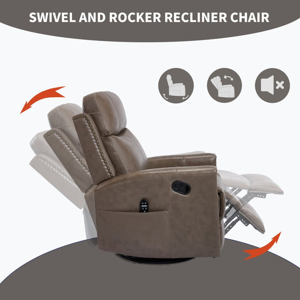 English Elm Camel Genuine Leather Massage Rocker Swivel Recliner with Heat and Lumbar Relief W1803P323716
