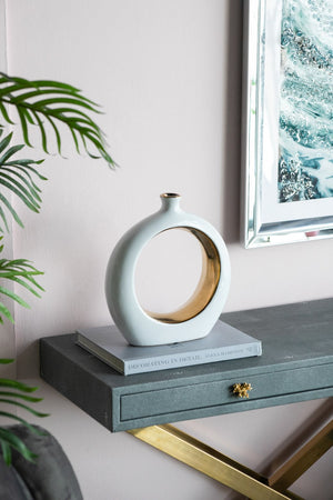 English Elm 11x3.1x12" Round Vase White/Gold — Modern Open-Center Ceramic Accent with Narrow Neck, Sleek Tabletop Decor W2078P391071