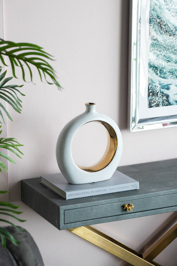 English Elm 11x3.1x12" Round Vase White/Gold — Modern Open-Center Ceramic Accent with Narrow Neck, Sleek Tabletop Decor W2078P391071