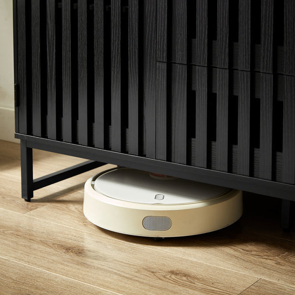 English Elm 3 Drawer Black Dresser with 4 Shelves and Slatted Grille Doors — Modern MDF Sideboard, Durable Metal Legs, Ample Storage for Bedroom & Living Room W578P193314