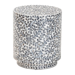 English Elm Coastal Capiz Shell Mosaic Round Footstool Iridescent Floral Pedestal Accent Piece B2750P420419